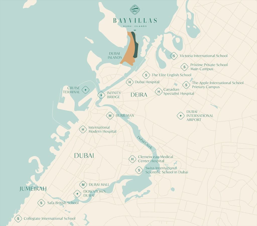 Bay Villas location map on Dubai Islands, schools, hospitals, and connectivity to Downtown Dubai and Dubai International Airport