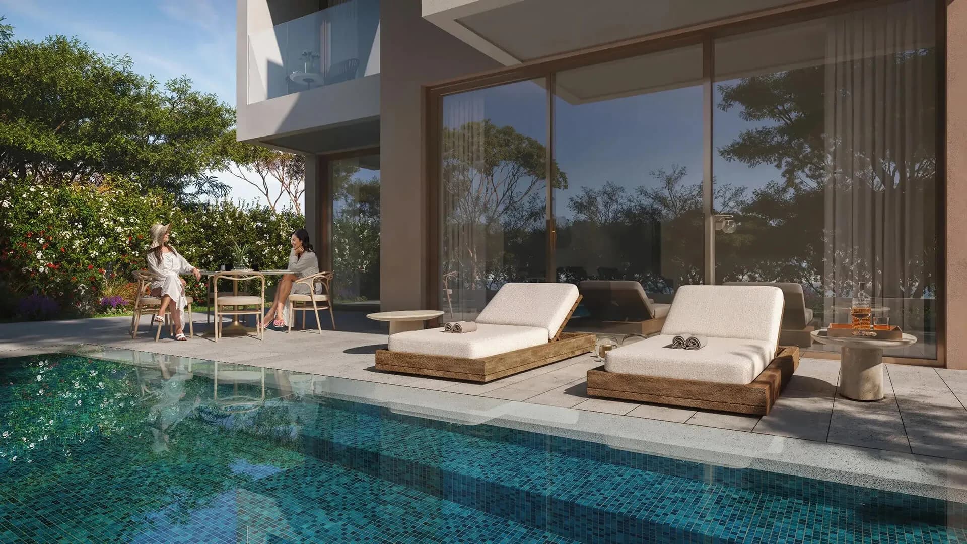 Core Villa poolside patio and outdoor dining at Bayn by Ora, Ghantoot, between Abu Dhabi and Dubai