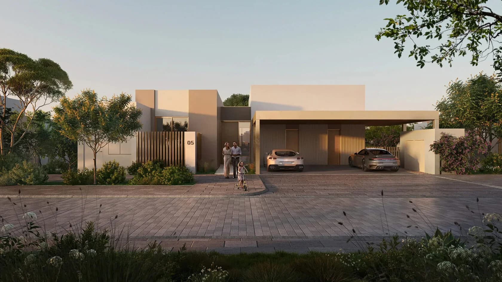 Double Height Villa frontage with carport at Bayn by Ora, Ghantoot, between Abu Dhabi and Dubai