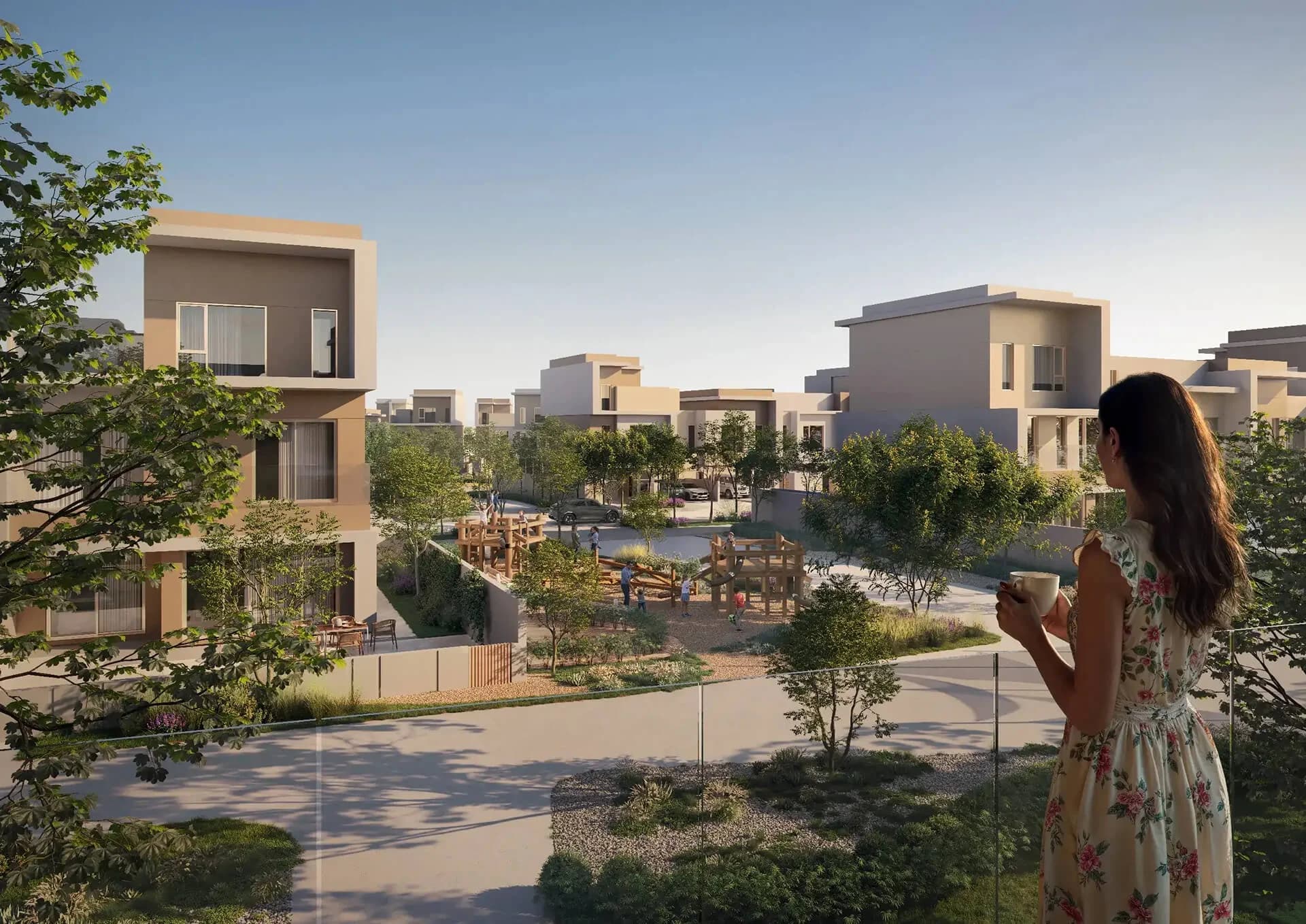 Park-facing townhome community with playground at Bayn by Ora, Ghantoot, between Abu Dhabi and Dubai