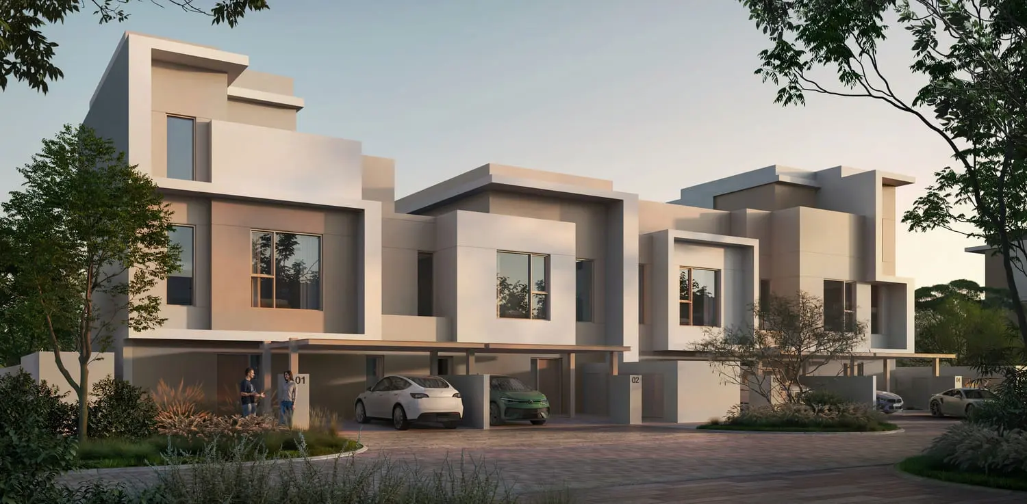 Townhouse row exteriors along the driveway at Bayn by Ora, Ghantoot, between Abu Dhabi and Dubai