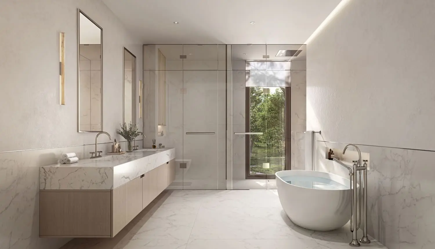 Bathroom with marble vanity and freestanding tub at Bayn by Ora, Ghantoot, between Abu Dhabi and Dubai