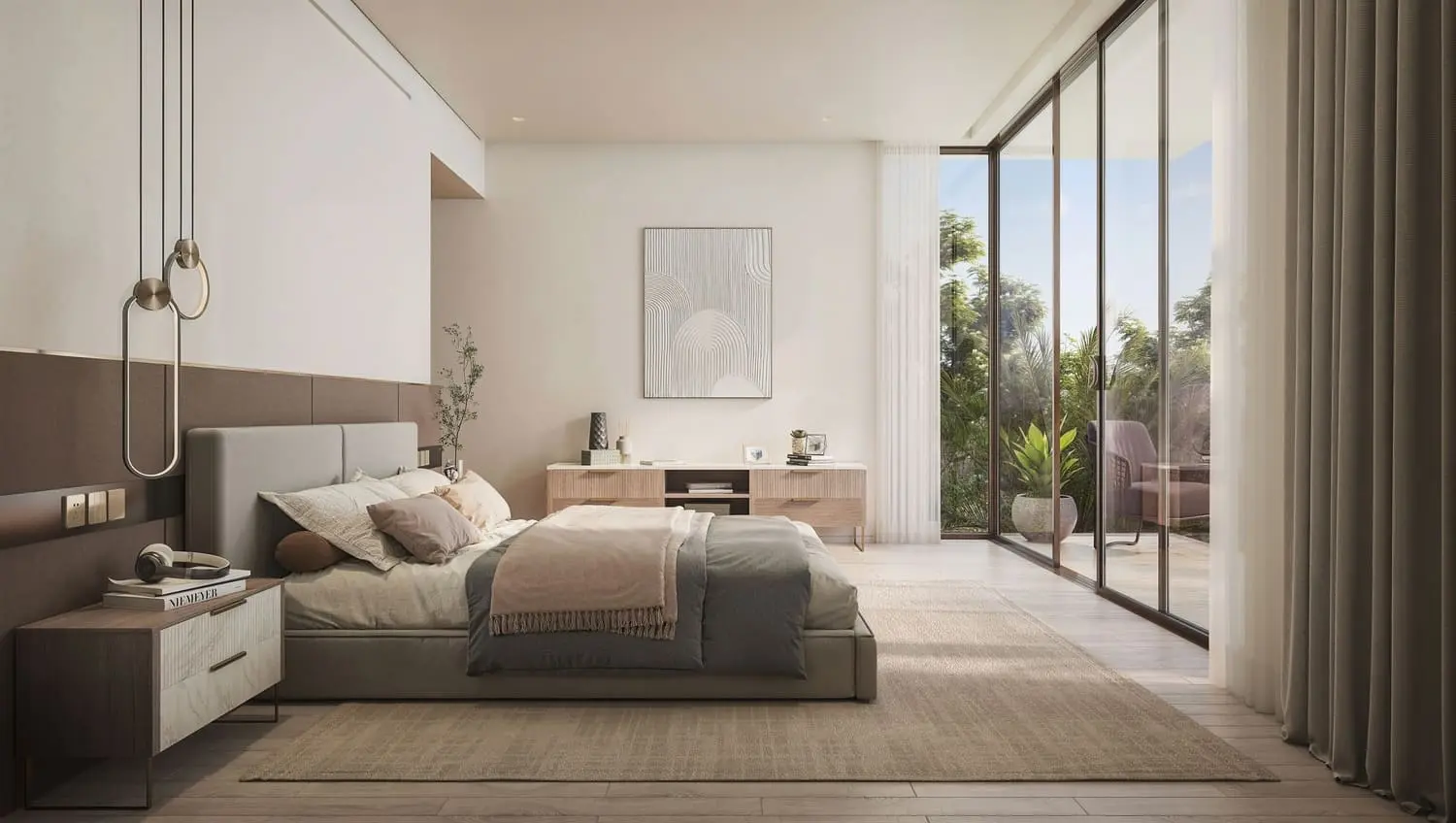 Bedroom with balcony and garden views at Bayn by Ora, Ghantoot, between Abu Dhabi and Dubai