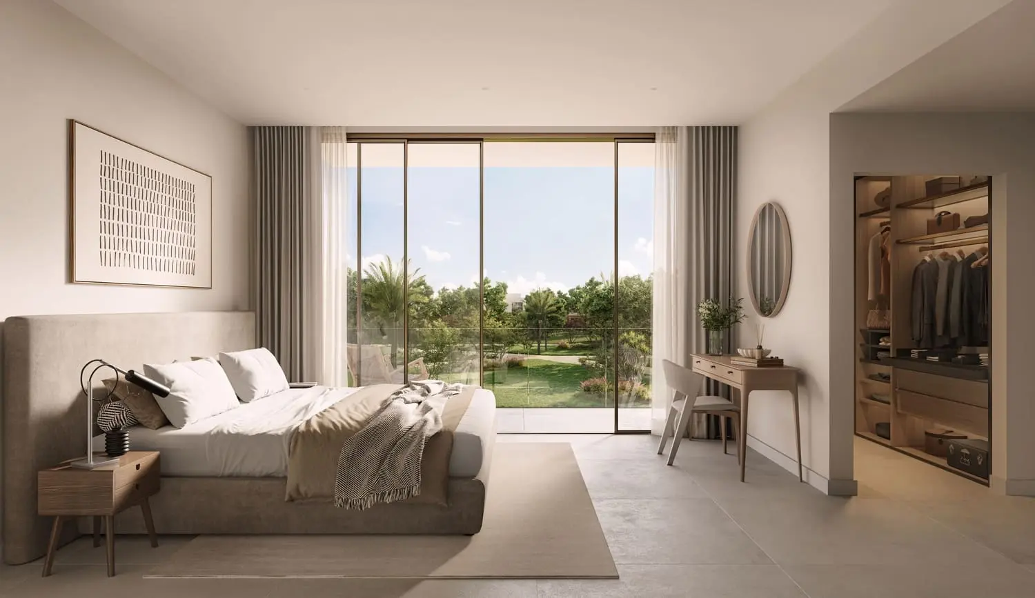 Master bedroom with walk-in closet and garden view at Bayn by Ora, Ghantoot, between Abu Dhabi and Dubai