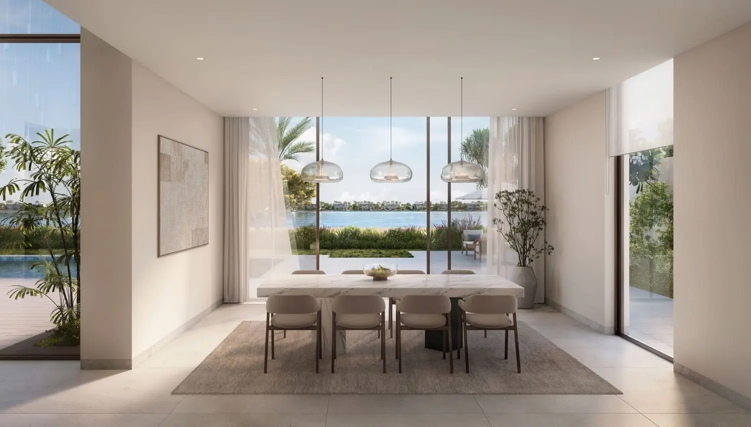 Dining room with waterfront panorama at Bayn by Ora, Ghantoot, between Abu Dhabi and Dubai