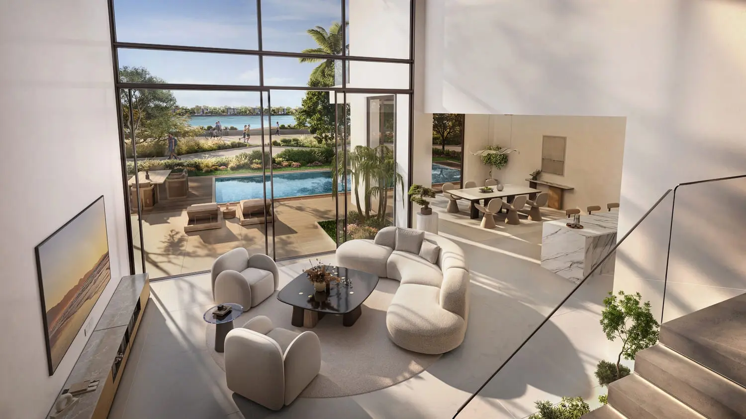 Double-height living room with private pool outlook at Bayn by Ora, Ghantoot, between Abu Dhabi and Dubai