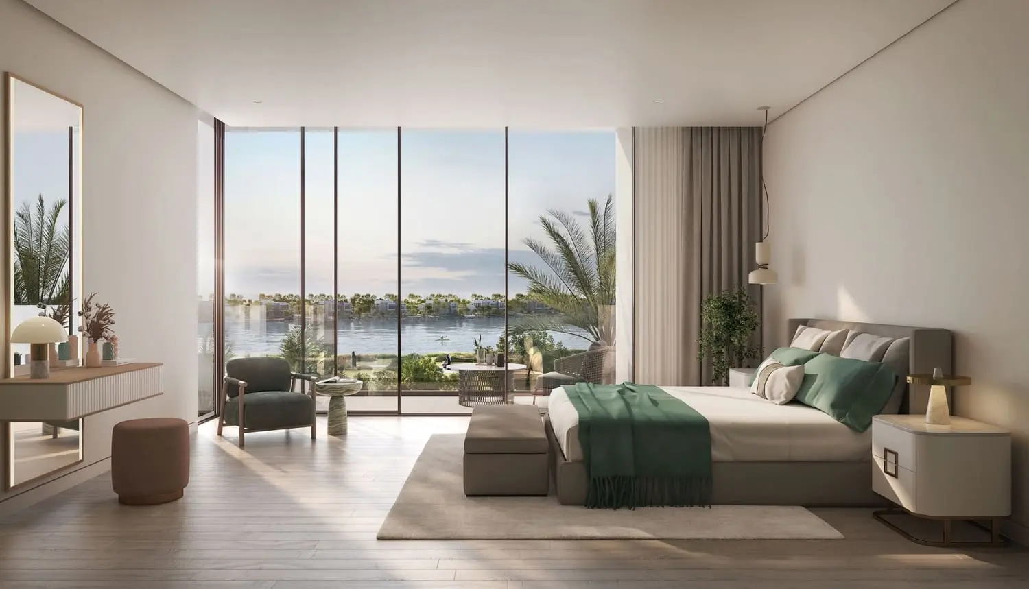 Master bedroom with waterfront views at Bayn by Ora, Ghantoot, between Abu Dhabi and Dubai