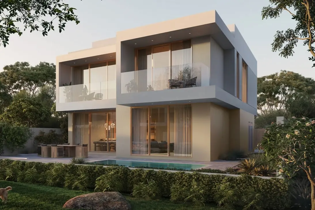 Villa pool terrace and outdoor dining at evening at Bayn by Ora, Ghantoot, between Abu Dhabi and Dubai