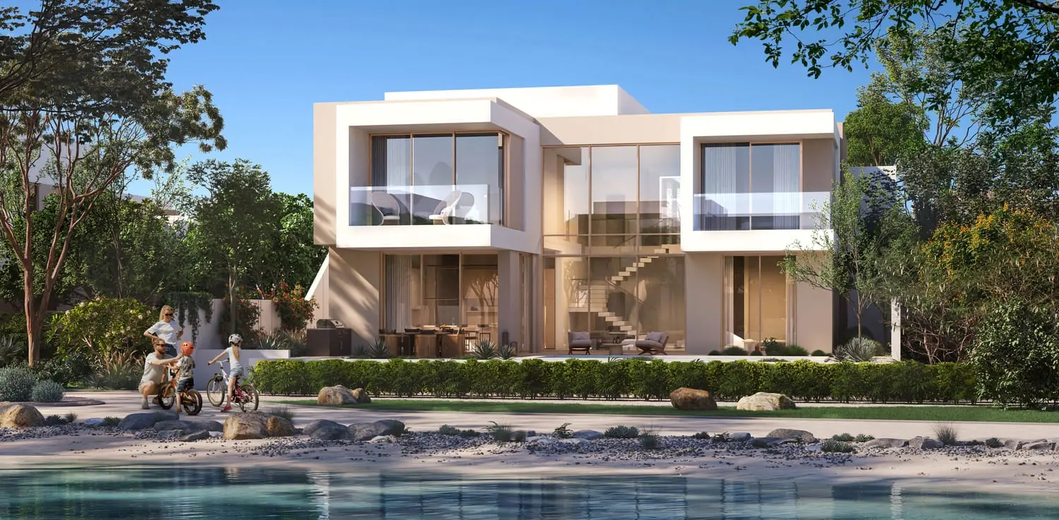 Waterfront villa exterior with family lifestyle at Bayn by Ora, Ghantoot, between Abu Dhabi and Dubai