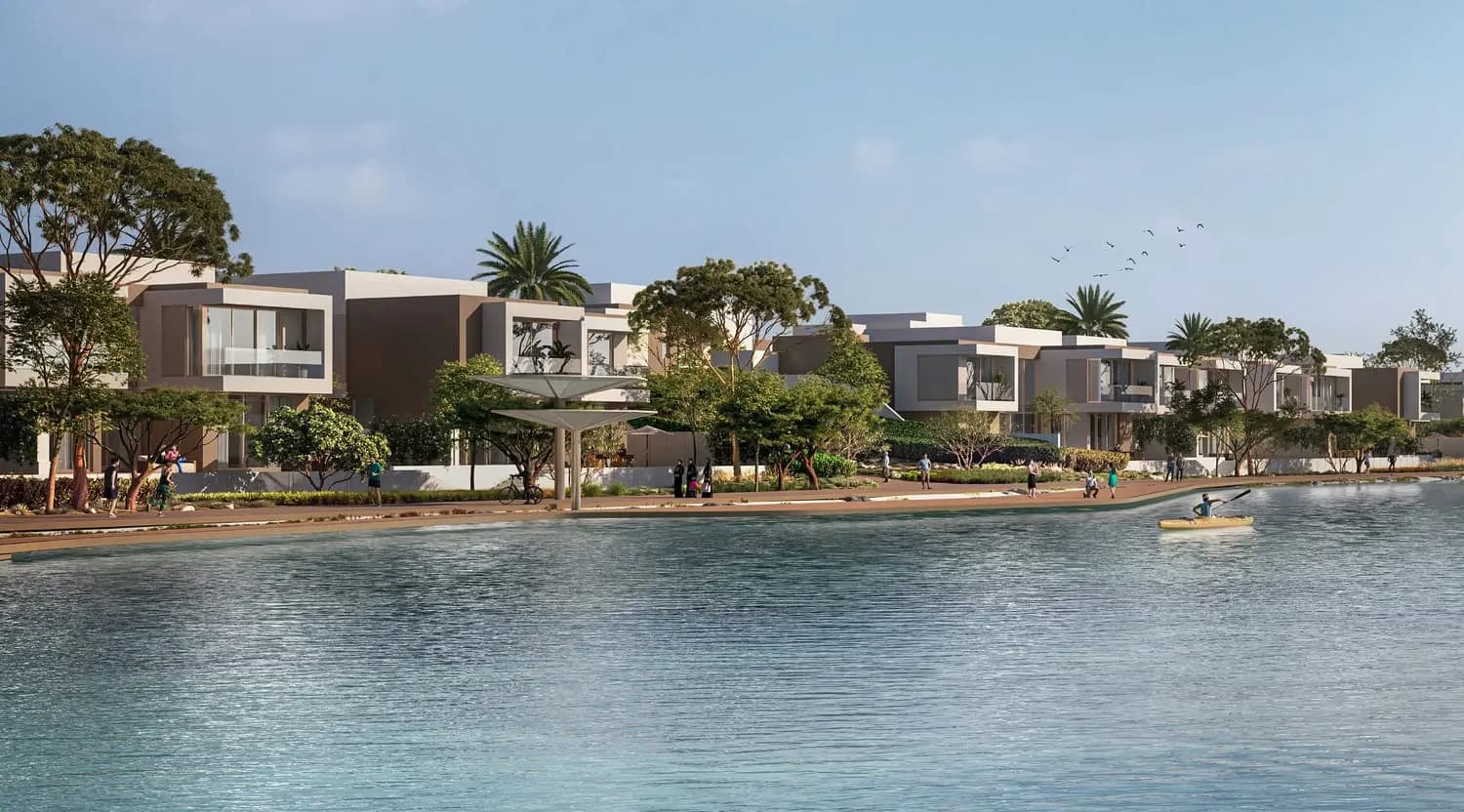 Waterfront promenade beside future plot settings at Bayn by Ora, Ghantoot, between Abu Dhabi and Dubai