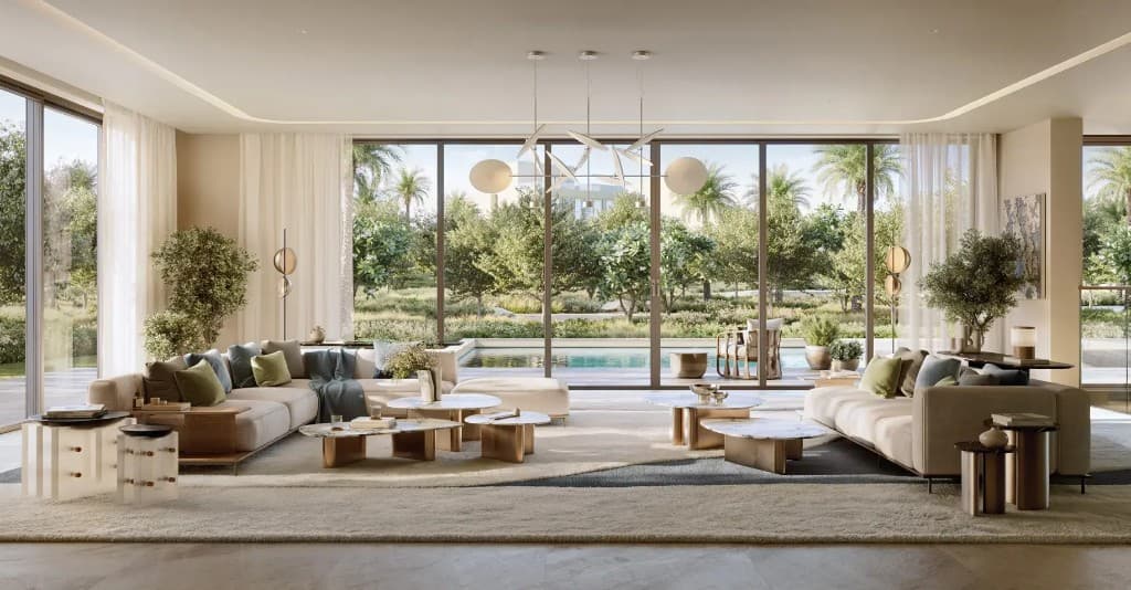 Interior material palette for Address Villas Tierra — marble, wood, and stone finishes