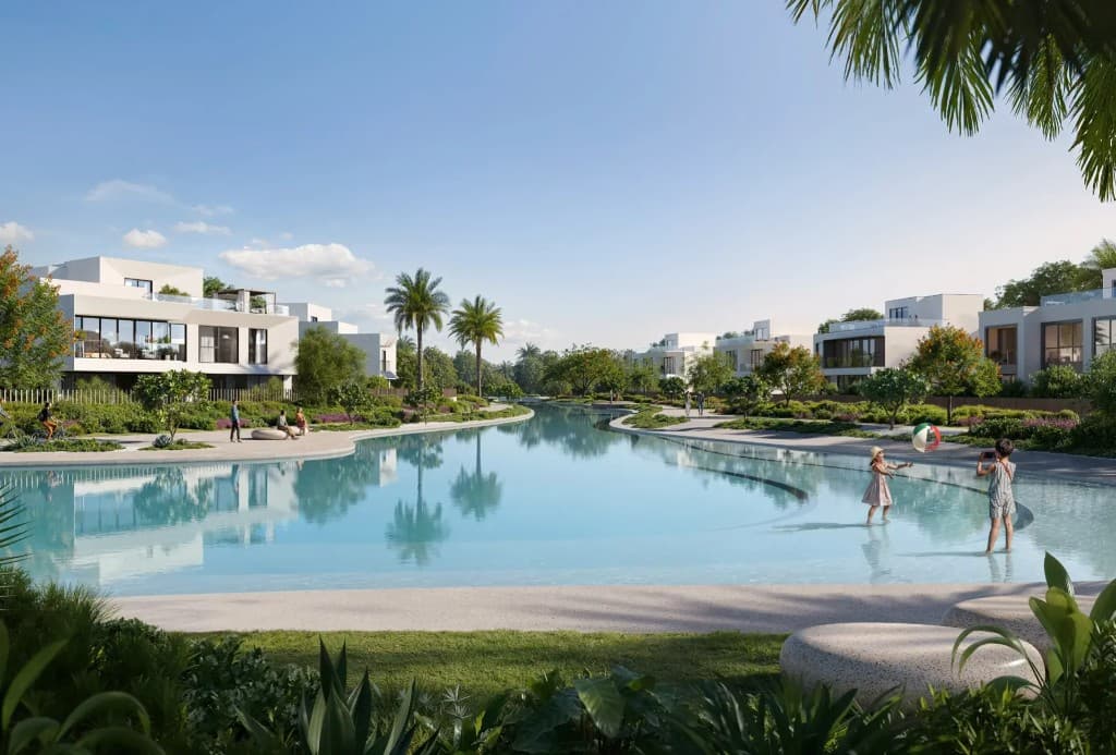 The Oasis swimmable lagoon and beach area serving Address Villas Tierra residents, Emaar Dubai
