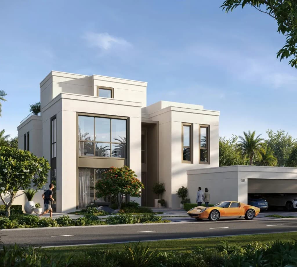 Address Villas Tierra villa front elevation showing Contemporary architectural style with private pool and landscaped garden