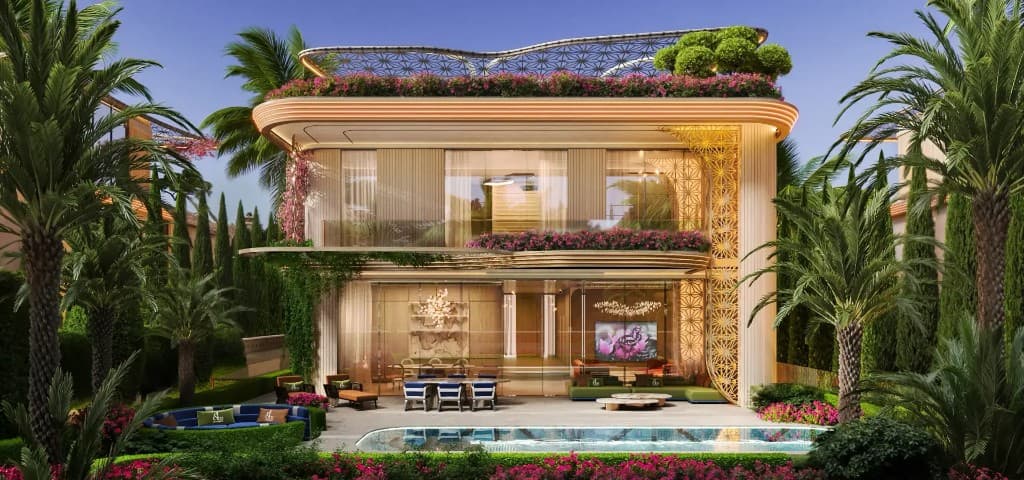 Fleurs de Jardin community lagoon and winding walkways through landscaped gardens in District 11 Meydan
