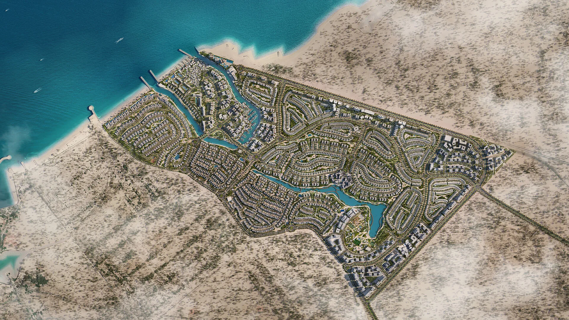 Aerial masterplan with parks, lagoon and marina at Bayn by Ora, Ghantoot, between Abu Dhabi and Dubai