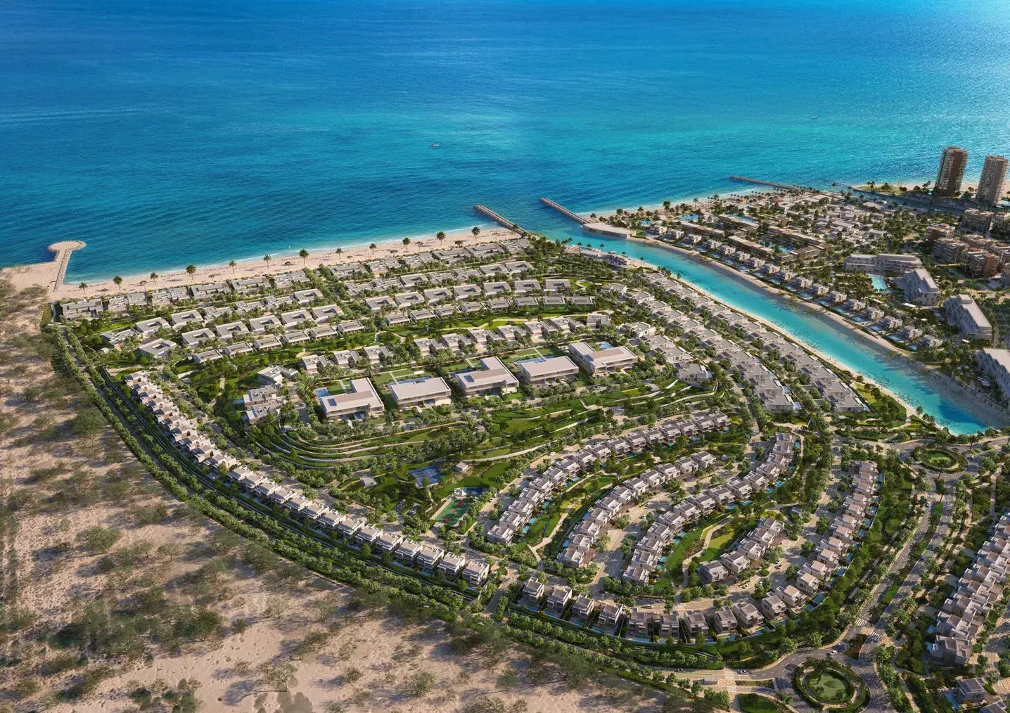 Aerial view of the coastal villa community at Y Views at Bayn, Ghantoot, between Abu Dhabi and Dubai
